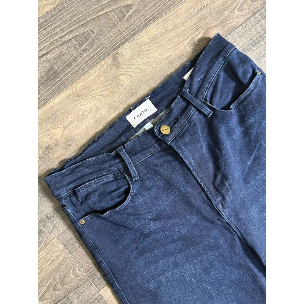 Frame Le High Straight Jeans Womens Porter Chew Dark Blue Distressed Hem 31